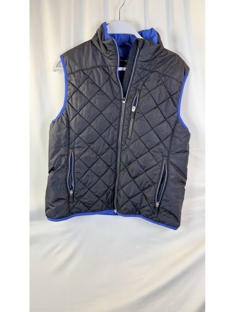 Lands End Women's Black Royal Blue Trim Diamond Quilted Full Zip Vest. Size M